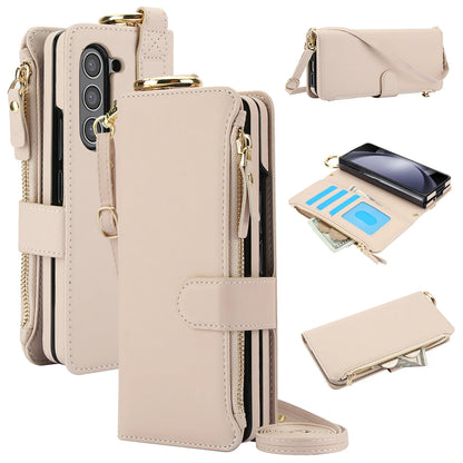 Crossbody Leather Wallet Case with Card Slots, Zipper & Kickstand for Samsung Galaxy Z Fold 3/4/5/6 – Wristband & Ring Holder