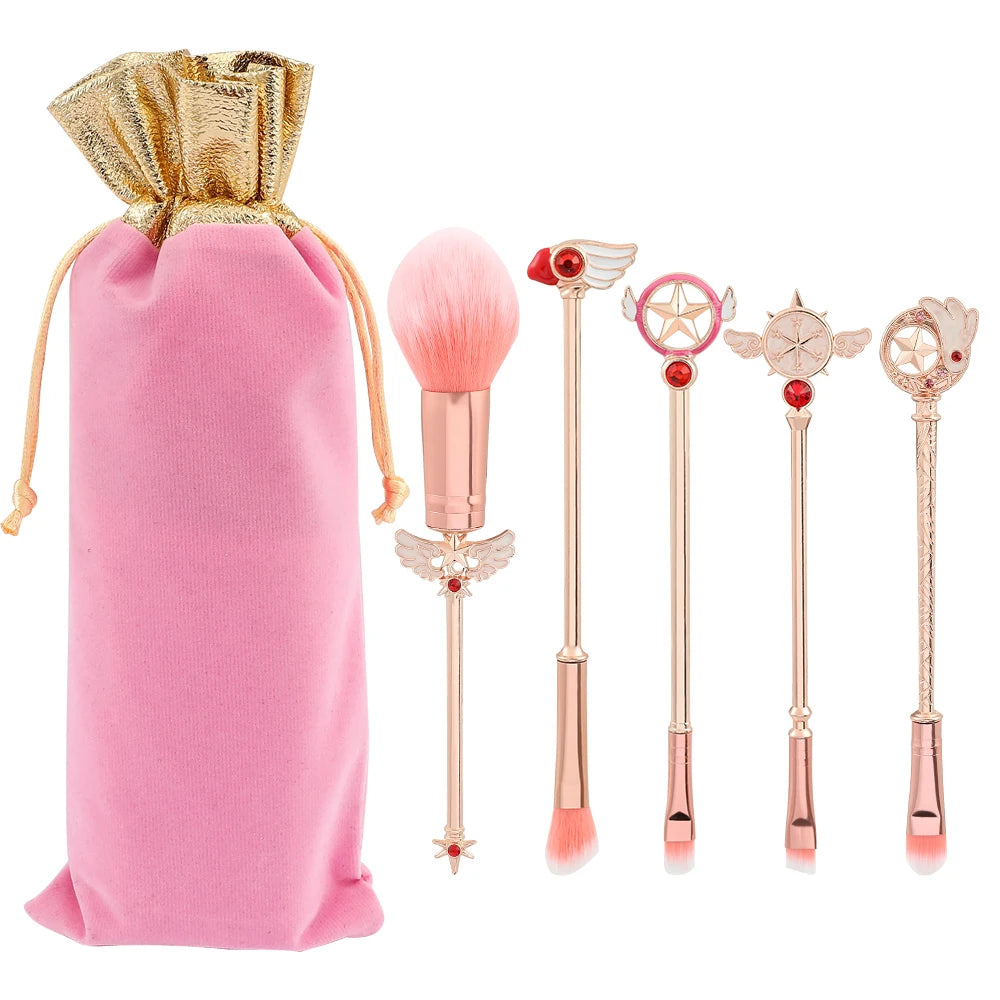 5-Piece Sakura Makeup Brush Set - Soft Fluffy Metal Handle Powder, Eyeshadow & Eyebrow Brushes