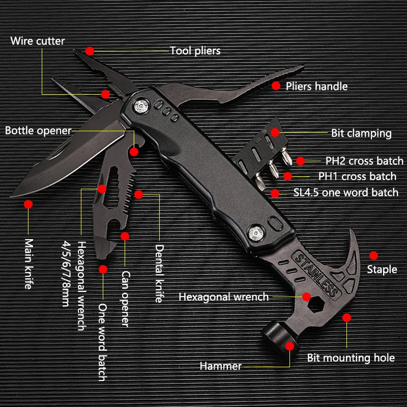 Multifunctional Pliers Multitool - Stainless Steel Claw Hammer with Nylon Sheath for Outdoor Survival, Camping, Hunting, and Hiking