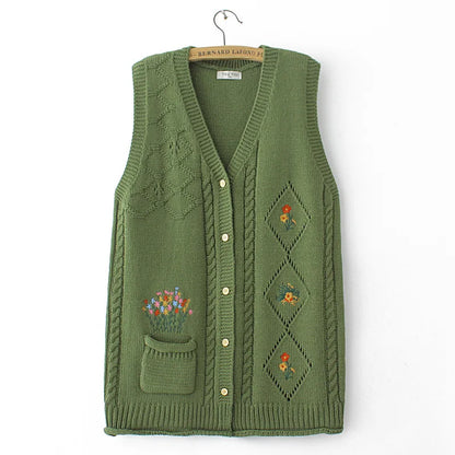 Plus Size Women's Embroidered Hollow Knit Sweater Vest – V-Neck Cardigan, Casual Autumn Fashion, E2 3023