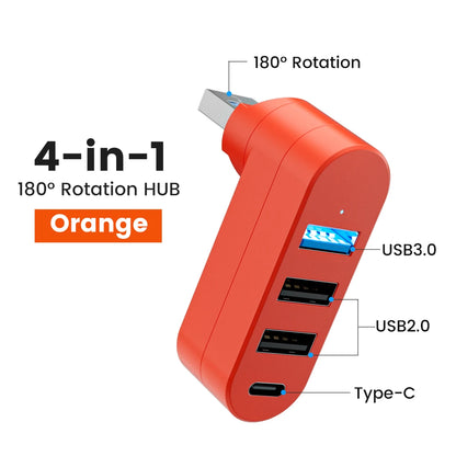 Elough 4-Port USB Hub - 180° Rotatable USB 3.0/2.0 and Type-C Data Transfer Adapter for Laptop, MacBook, and PC