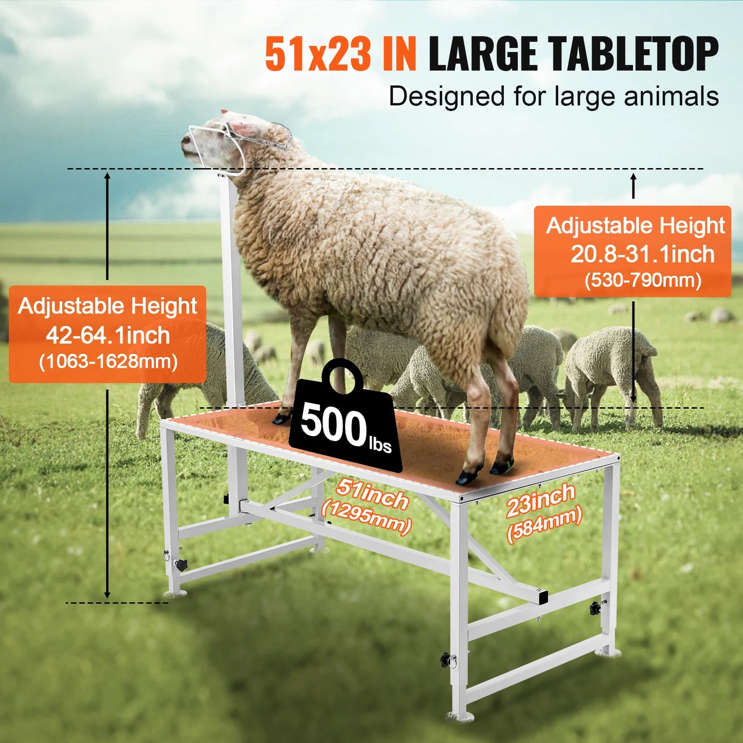 VEVOR Adjustable Goat & Sheep Milking Stand — 51x23 in Metal Livestock Shearing & Milking Platform, 21"-33" Height, White