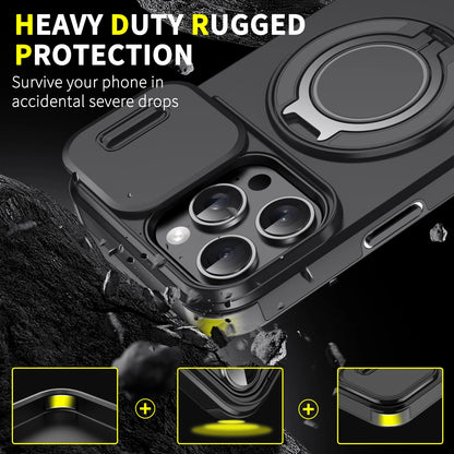 Heavy Duty Rugged Magnetic Ring Stand Case for iPhone 11–16 Pro Max Plus with Slide Camera Protection & MagSafe Compatible Cover