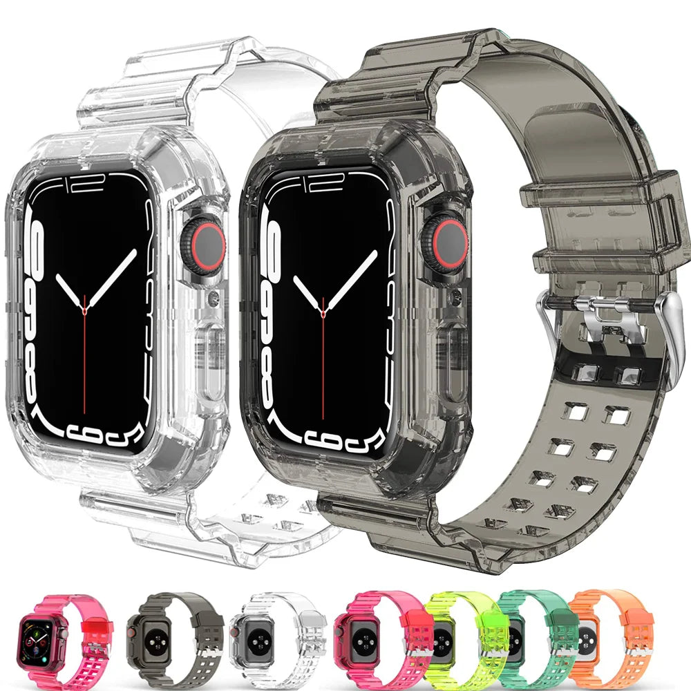 Clear Strap + Case for Apple Watch Series 5/SE/6/4/Ultra 8/7 – Transparent Plastic Band for 38mm, 40mm, 41mm, 42mm, 44mm, 45mm, 49mm