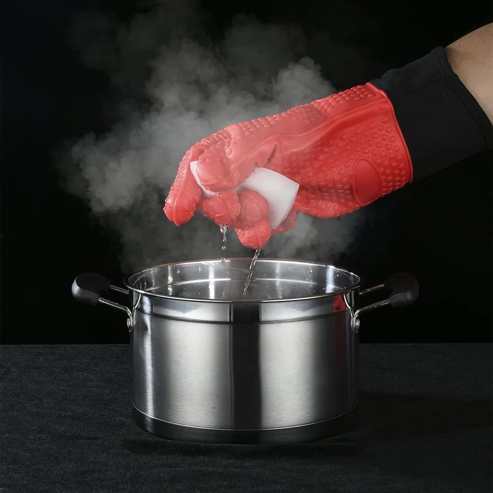 Heat-Resistant Silicone Gloves – Non-Slip Oven Mitts for Kitchen, BBQ, Baking & Cooking with Canvas Stitching