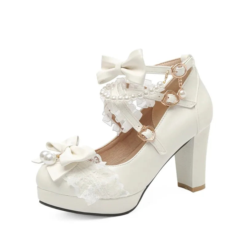 Women’s Cross Strap Mary Jane High Heels – Party, Wedding, Cosplay Lolita Pumps in White, Pink, Black, Strawberry Bow 2025