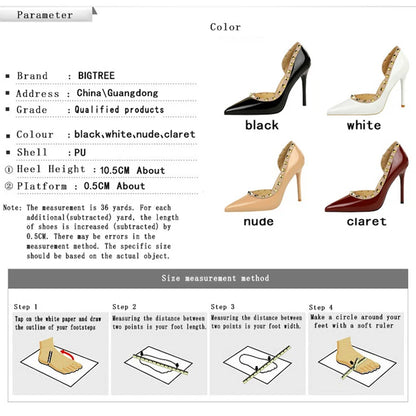 BIGTREE Women’s Rivet Patent Leather Pumps – 10.5cm Stiletto High Heels, Sexy Party Shoes, Large Size 43