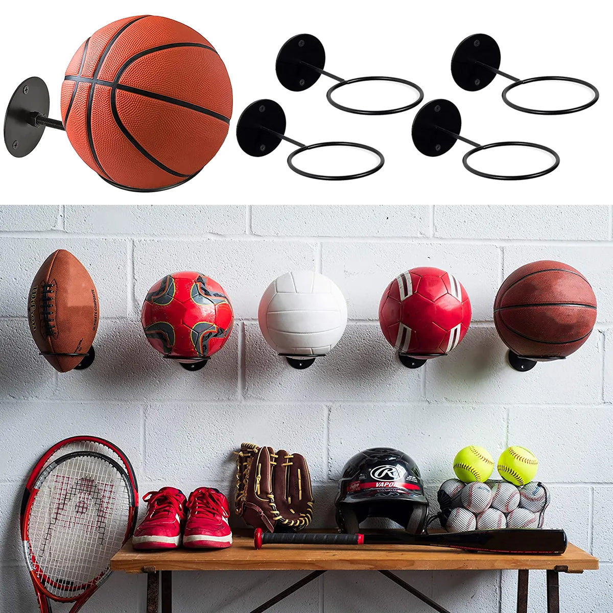 3Pcs Wall-Mount Ball Racks - Iron Storage Display Holders for Basketball, Football, Rugby, and More - Space-Saving Home Decor