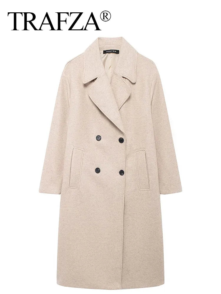 TRAFZA 2024 Women’s Autumn Loose Coat – Lapel Double-Breasted Long Sleeve Trench Jacket, Winter Warm Vintage Outerwear