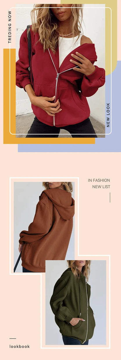 Women’s Gray Zip-Up Hoodie Sweatshirt – Autumn Winter Long Sleeve Jacket with Pockets