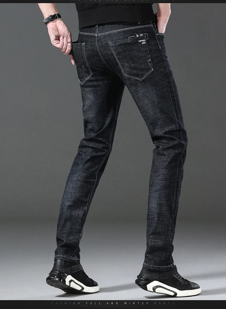 Men’s Casual Comfortable Jeans – Straight Loose Fit High Waist Elastic Trousers for All Seasons & Office Wear