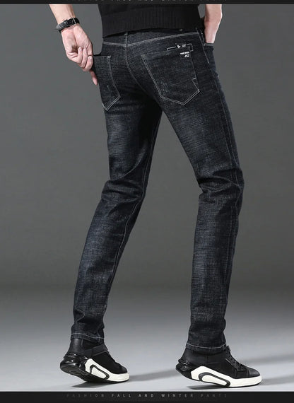 Men’s Casual Comfortable Jeans – Straight Loose Fit High Waist Elastic Trousers for All Seasons & Office Wear