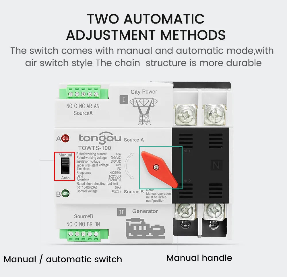 TONGOU Din Rail ATS Dual Power Automatic Transfer Switch – 2P 3P 4P Electrical Selector, Uninterrupted Power, 63A-100A Mini