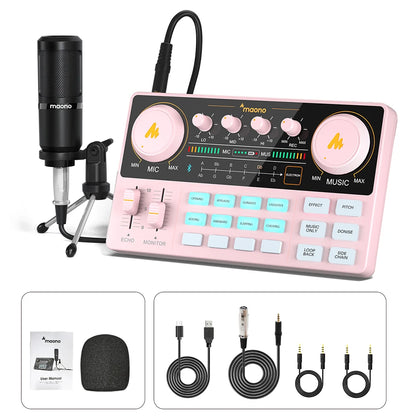 Maono AM200-S1 Microphone & Sound Card Set – MaonoCaster Audio Interface with Condenser Mic for Live Streaming, Recording on PC & Phone