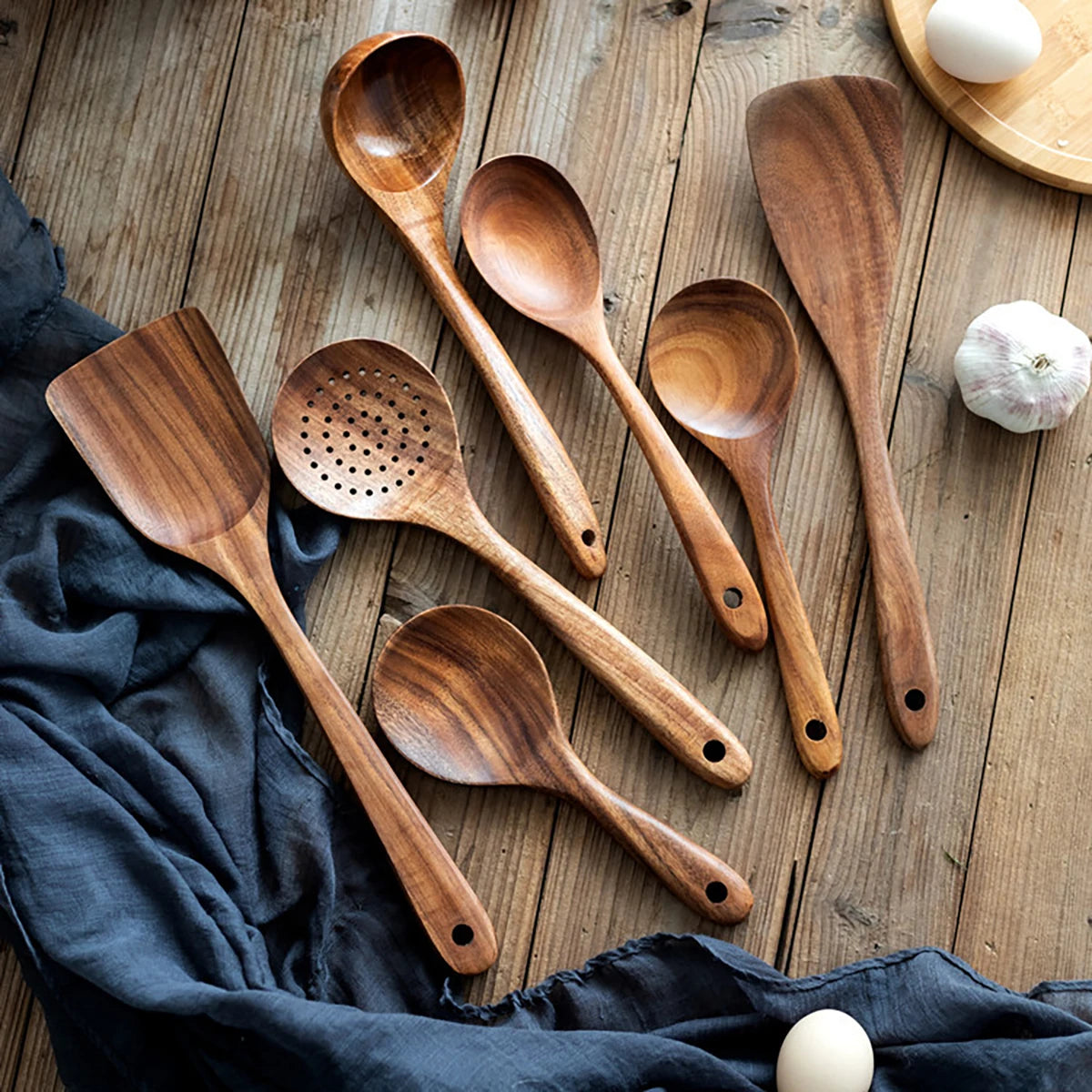Wood Kitchenware Cooking Set – Household Spatula, Spoon, Fork & Salad Utensils with Storage Bucket