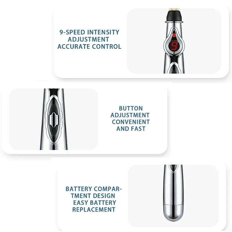 Electric Massage Pen – Adjustable Battery-Powered Muscle Relaxer for Body, Back & Hands, Silver