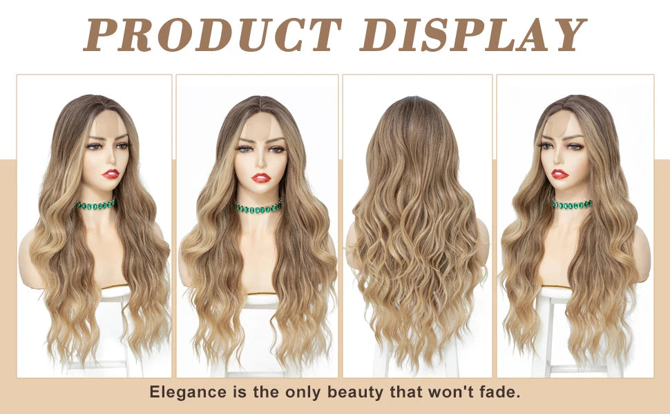 26-Inch Synthetic Ombre Blonde Wavy Wig for Women — Long Middle Part Curly, Heat-Resistant Natural-Look Hair