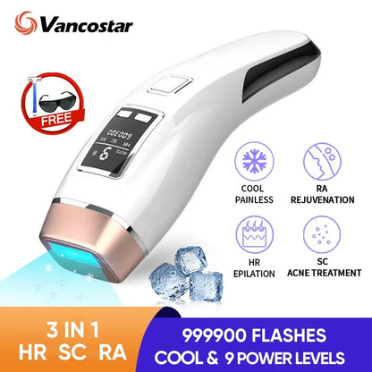 Vancostar 4-in-1 IPL Laser Hair Removal Device – 999,000 Flash Cooling Epilator with Skin Rejuvenation & Acne Treatment for Home Use, Bikini Trimmer Tool