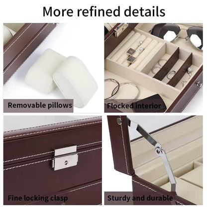 2024 12-Slot Leather Watch Storage Box — Lockable 2-Tier Organizer & Jewelry Display Drawer for Men & Women