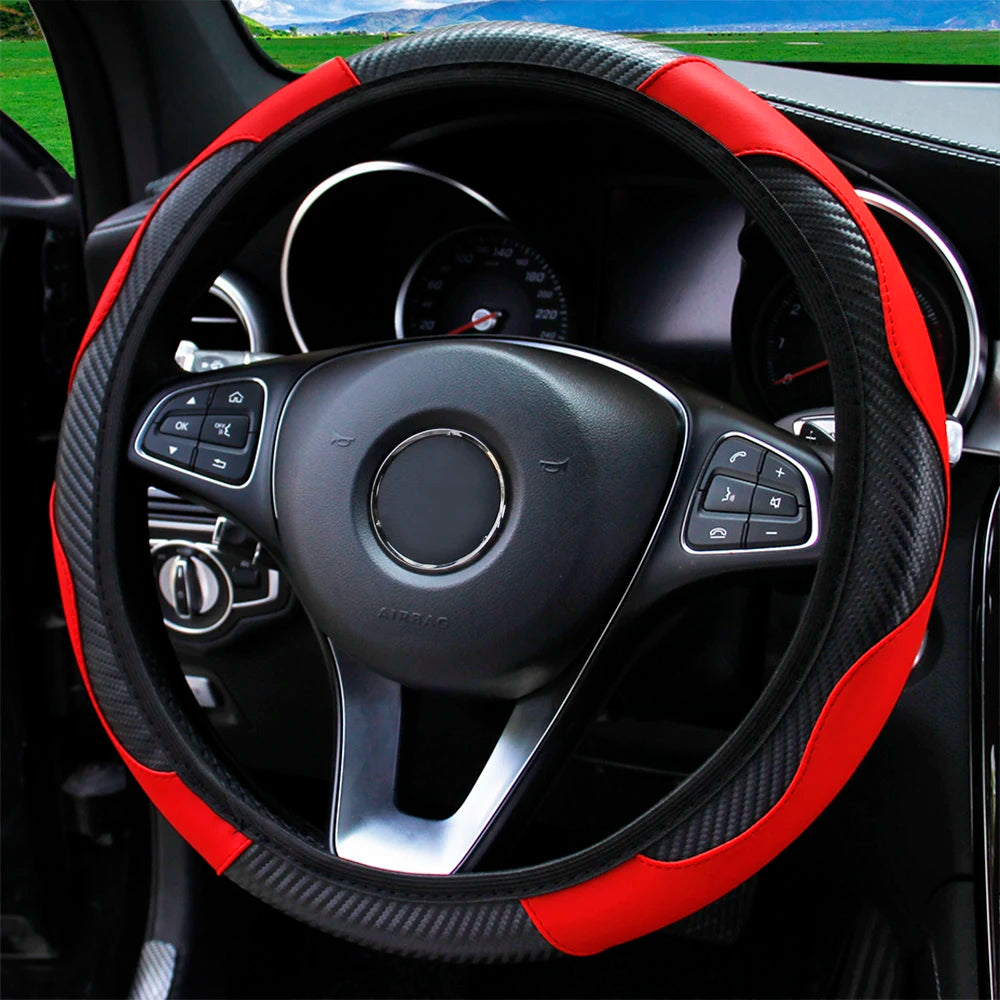 PU Carbon Fiber Leather Steering Wheel Cover — No Inner Ring, Fits 14.5-15 Inch Cars