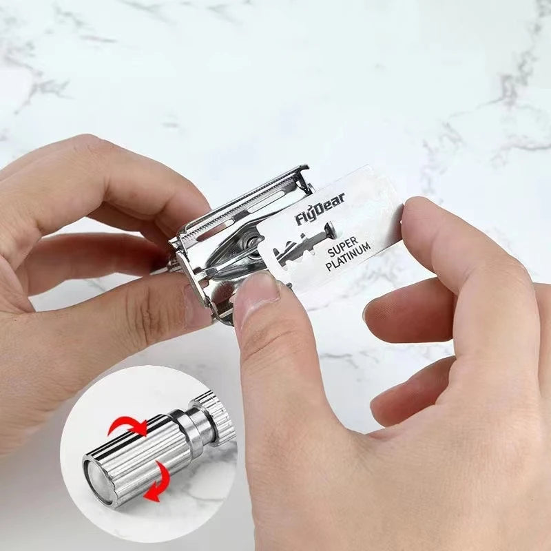 Men's Shaving Razor with Blade – Silver Folding Straight Razor, Stainless Steel Facial Hair Shaving Knife and Holder. Barber Tools