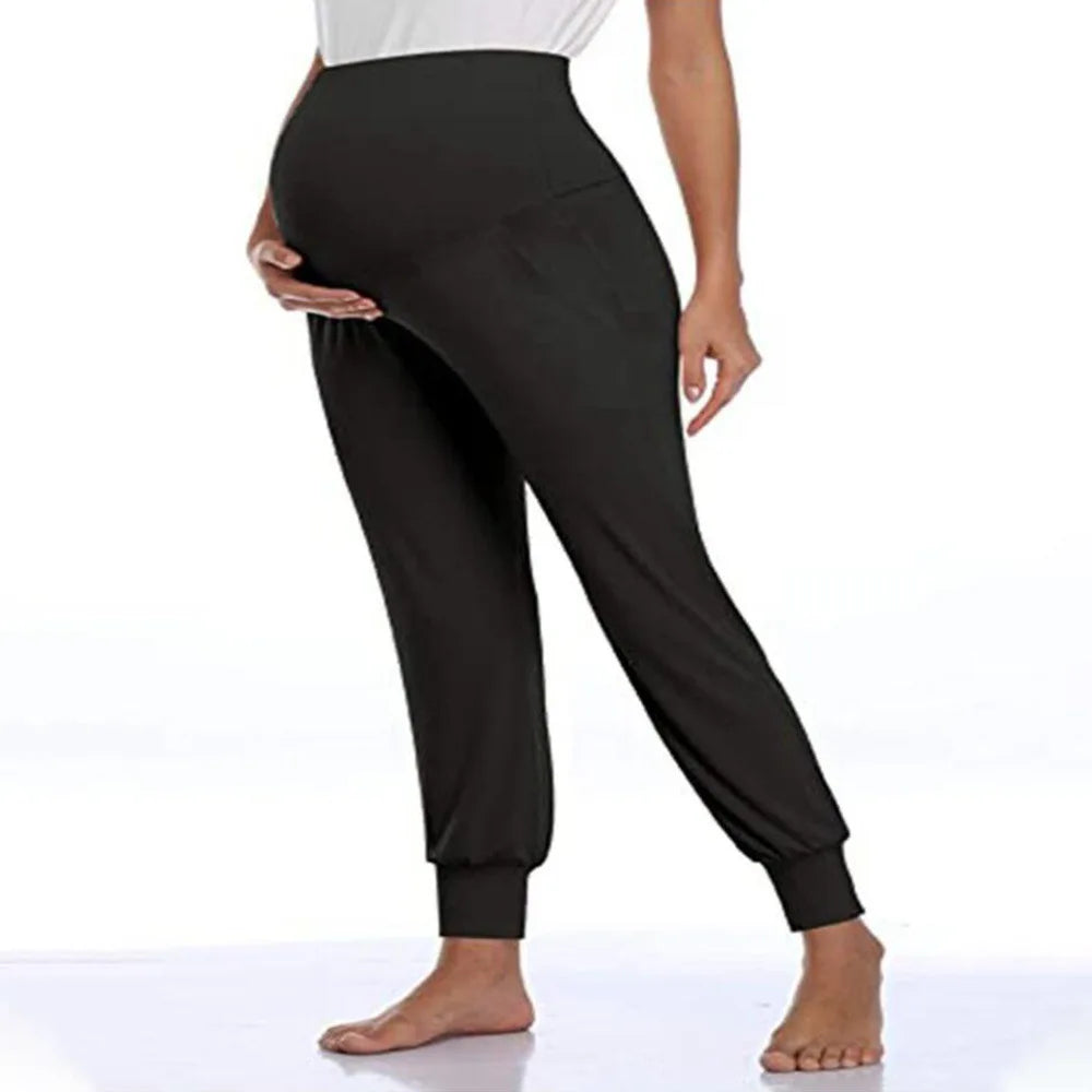 Spring Maternity Women’s Casual Pants – High Waist Stretch Lounge Trousers with Pockets, Solid Joggers for Pregnant Women