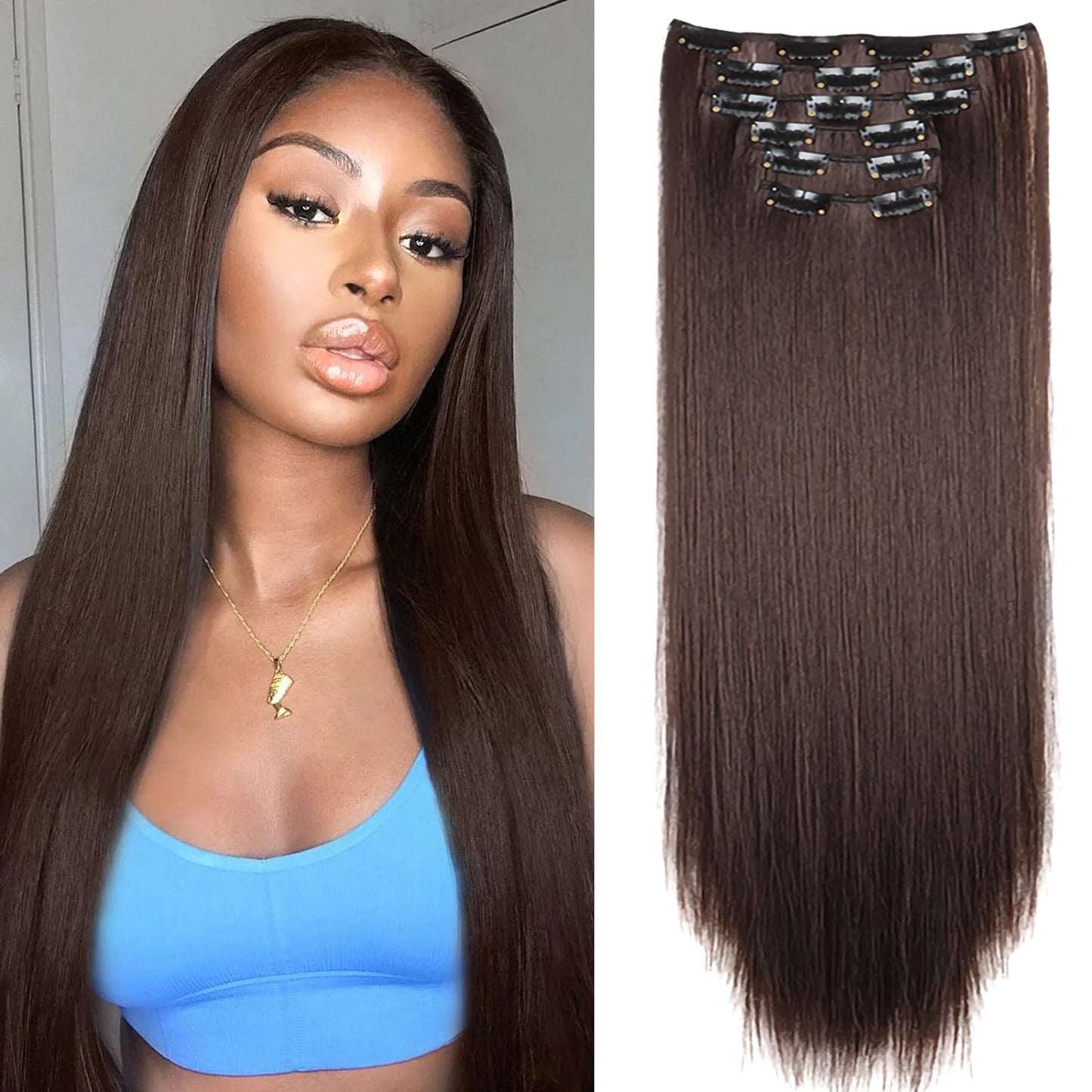 24-Inch 16 Clips-in Hair Extensions – Long Straight Synthetic Blonde & Black Hairpieces, Heat Resistant for Daily Use