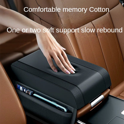 Universal Car Armrest Box Height Pad - Leather Cushion with Pocket, Central Memory Cotton Elbow Support, Armrest Storage