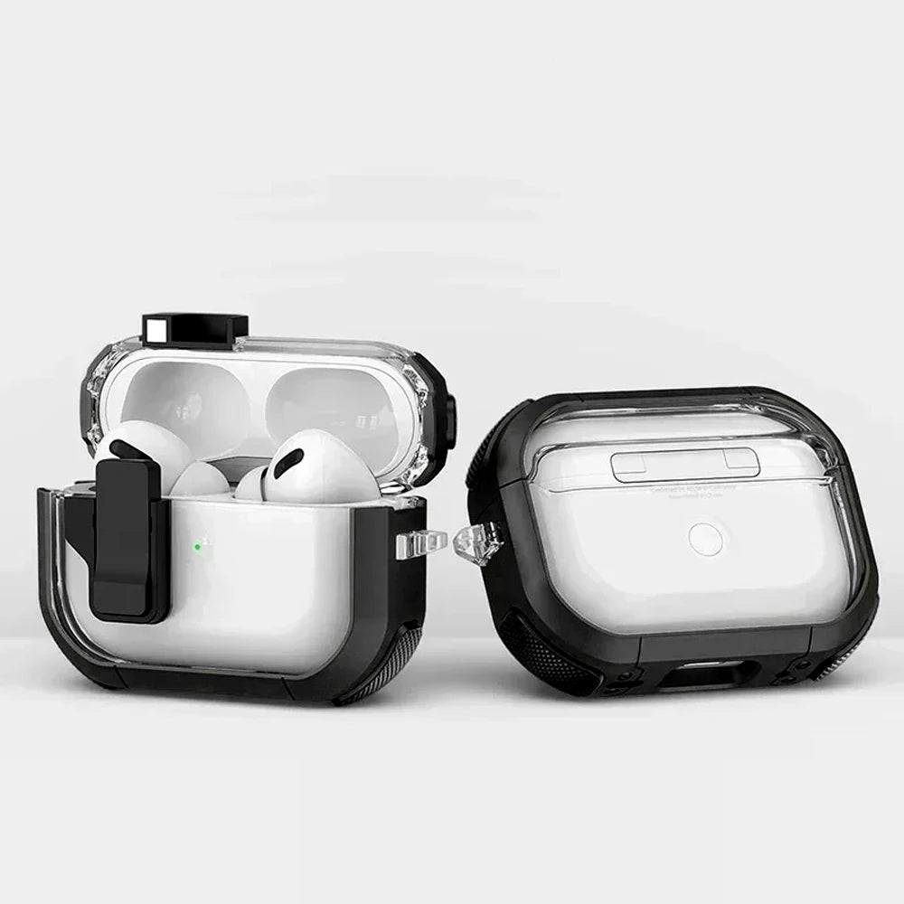 Shockproof Transparent Lock Case for AirPods Pro 2/3/4 – Full Body Protection with Magnetic Keychain & Charging Support