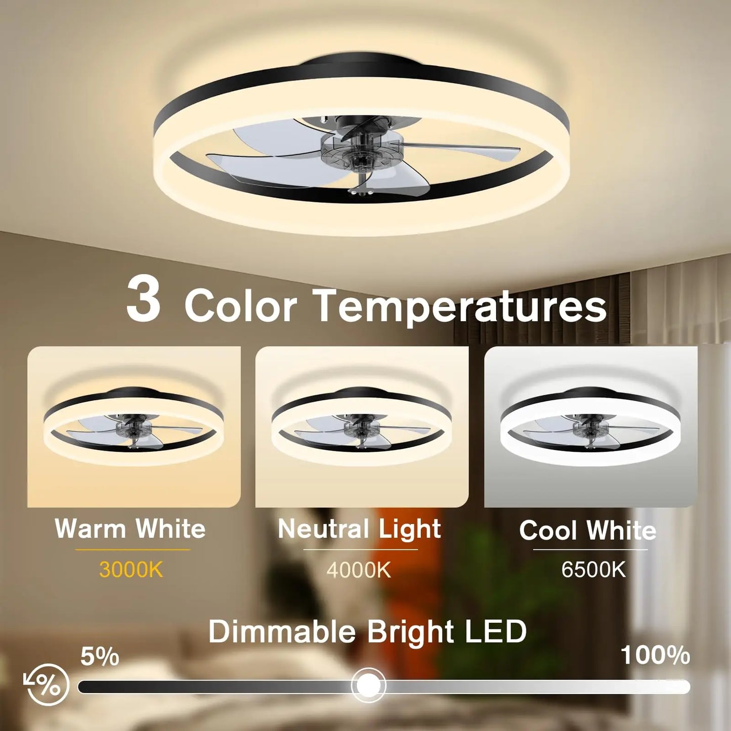 Simple LED Ceiling Fan Light with Remote Control - Infinite Dimming & 6 Wind Speeds, Chandelier Fan for Living Room & Bedroom