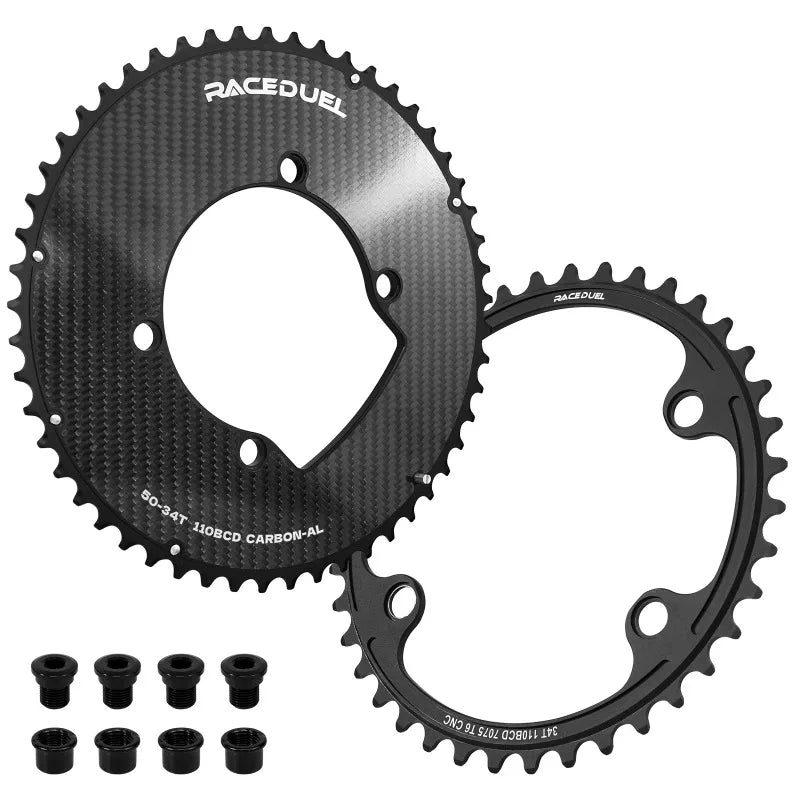 RACEDUEL Carbon 110BCD Road Bike Chainring - Double Chainwheel for Shimano R7000 R8000 R9100 R7100 R8100 50/34T 53/39T