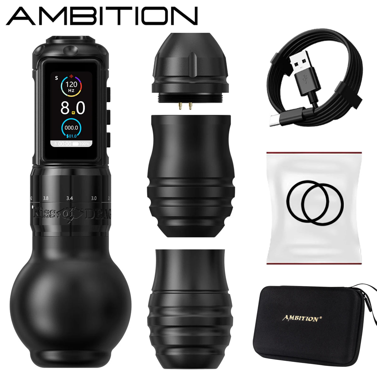Ambition Traveler-T2 Wireless Tattoo Machine - Adjustable Stroke Tattoo Pen with 2000mAh Battery