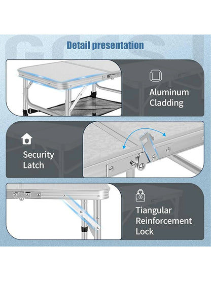 Small Folding Camping Table – Portable Lightweight Aluminum with Adjustable Height, Carry Handle & Mesh Holders for Outdoors