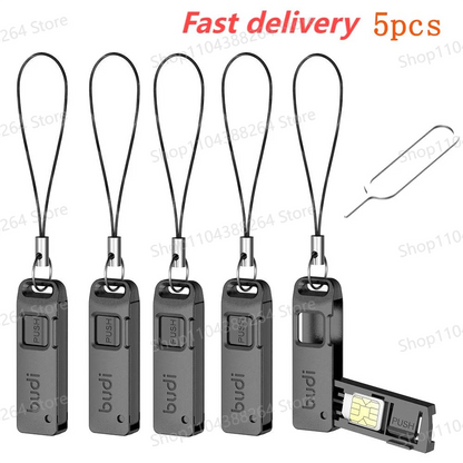 5pcs Multi-Function SIM & TF Card Storage Box with Ejector Pin & Lanyard — Anti-Lost MicroSD Holder