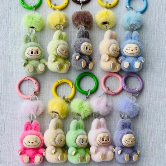Labubu Mini Flocking Doll Keychain – Standing & Sitting Car, Bag, Phone, Backpack Charm Gift