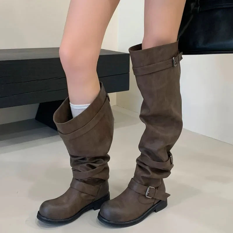 Eilyken Women’s Over-the-Knee Boots – Round Toe Punk Style with Pleated Buckle Strap, Low Square Heels for Autumn Winter