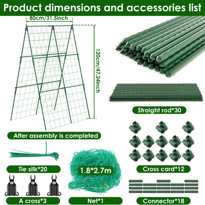 A-Frame Garden Trellis Kit - Rustproof Vegetable Climbing Support with Net for Cucumbers & Outdoor Plants