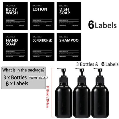 3 Pack 500ml Soap Dispenser Bottles with Labels – Kitchen & Bathroom Shampoo, Conditioner, Liquid Soap Containers