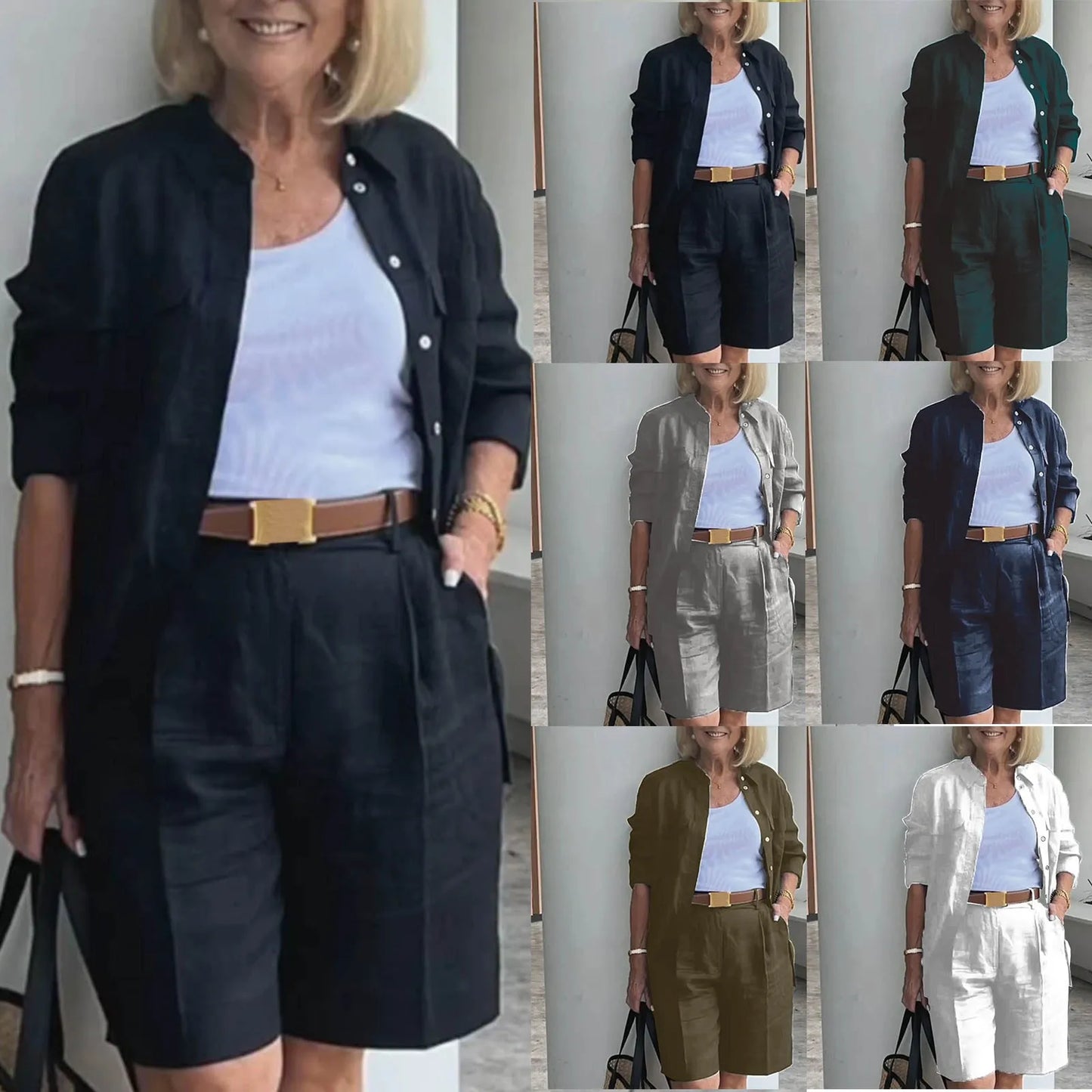 Women’s 2 Piece Summer Outfit Set - Solid Color Cardigan Shirt Top & Casual Shorts Matching Ensemble