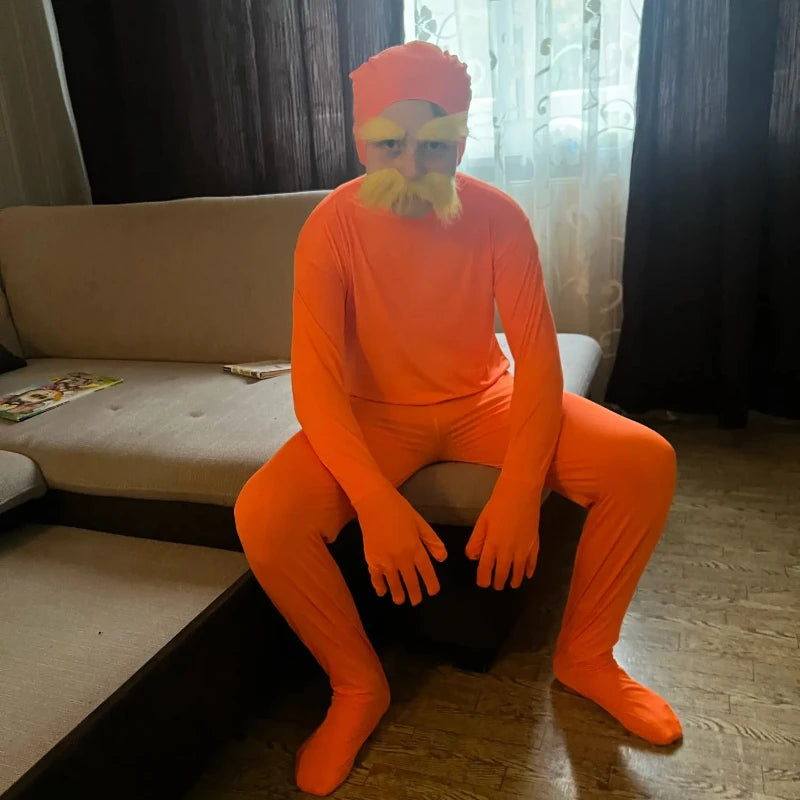 Halloween Orange Jumpsuit Costume - Funny Moustache & Eyebrow Masquerade Outfit for Kids & Adults
