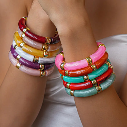 Leopard Print Bamboo Tube Acrylic Bracelets - Retro Stretch Beaded Bangles for Women & Men, Stackable Jewelry Gift