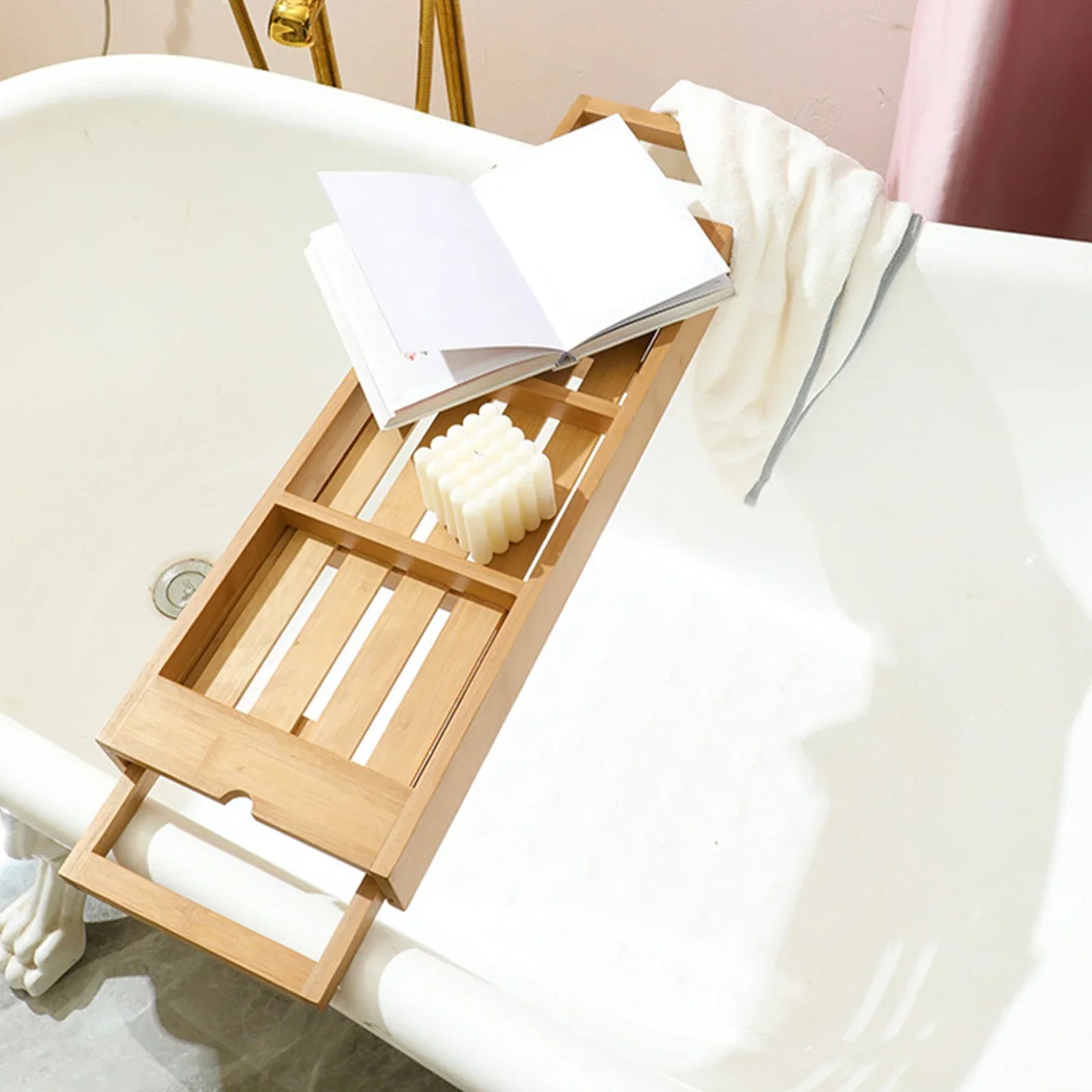 Expandable Luxury Wooden Bathtub Caddy Tray – Non-Slip Spa Organizer with Tablet & Soap Holder (23.62''-34.25'')