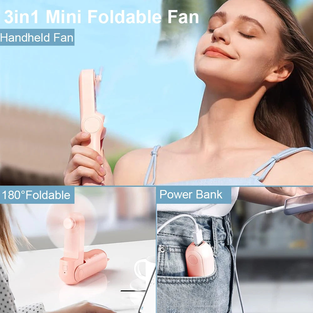 Portable Mini Handheld Fan | 2000mAh USB Rechargeable Foldable Fan with 3 Speeds & Power Bank for Travel