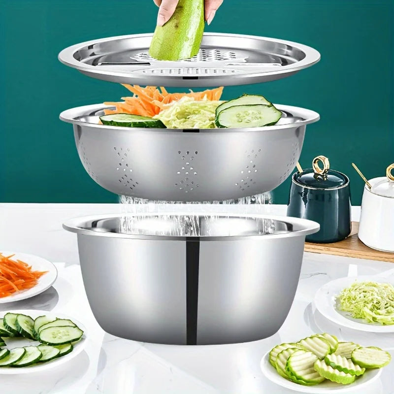 3-Piece Stainless Steel Strainer & Mixing Bowl Set – Multifunctional Fruit & Vegetable Washer and Slicer