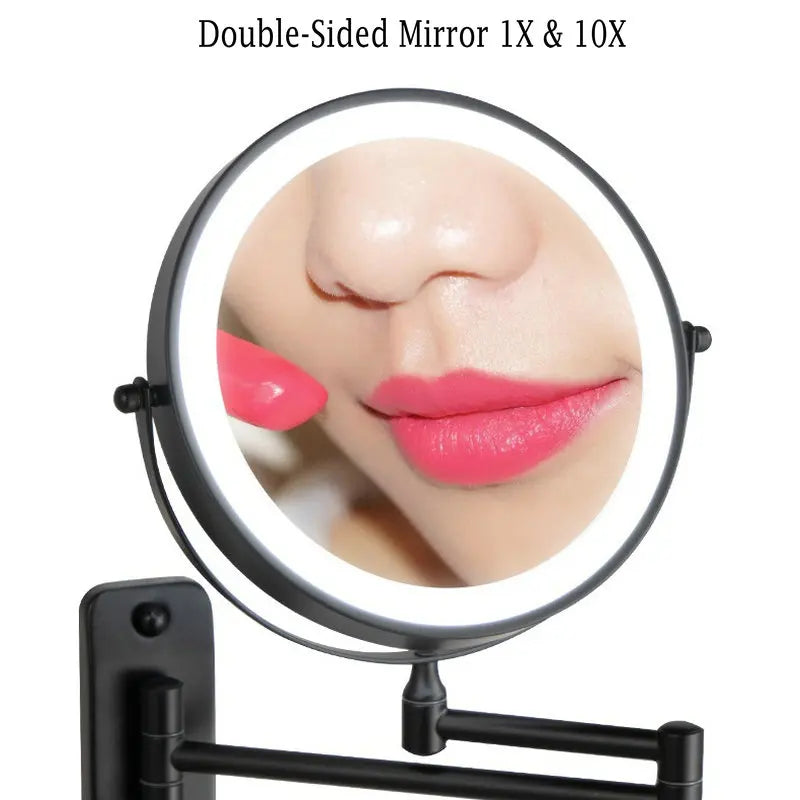 8-Inch Double-Sided LED Makeup Mirror - 10X Magnification, 360° Rotating, Wall Mounted, Foldable Vanity Mirror
