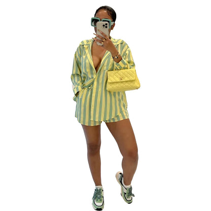 2025 Women’s Casual Striped Shorts & Long Sleeve Shirt Set – Spring Summer Office & Vacation Outfit