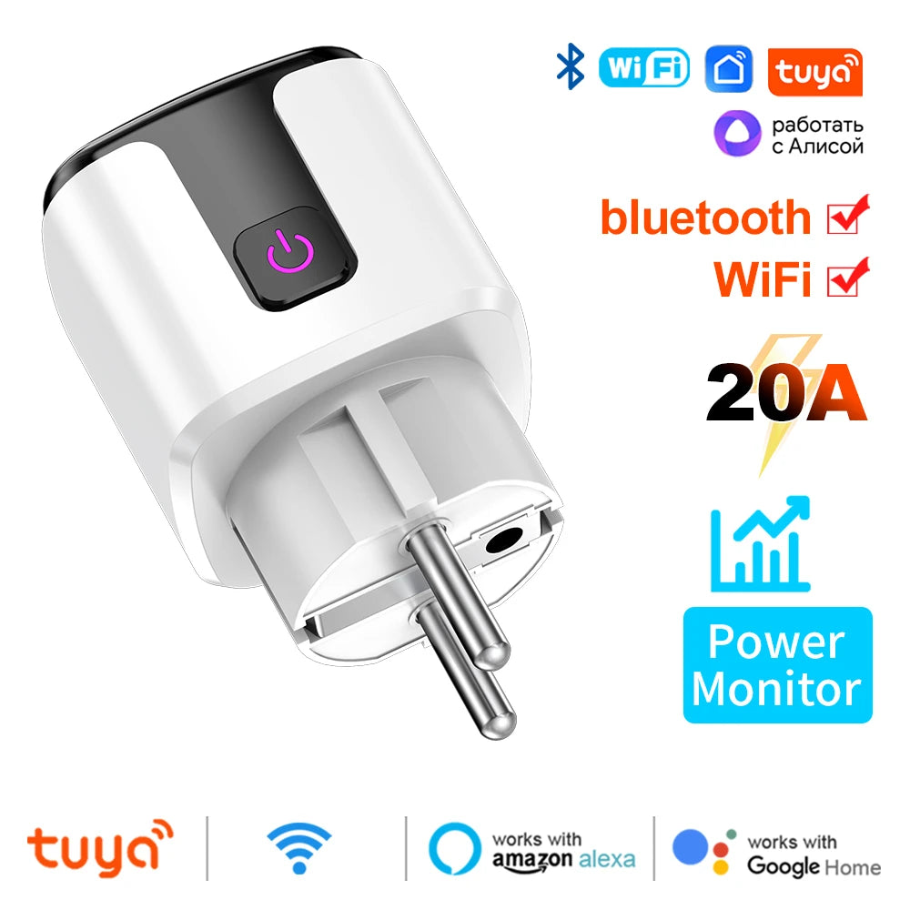 WiFi 20A Smart Socket with Power Monitoring – Tuya EU Plug Timer, Child Lock Outlet Compatible with Google Home, Alexa & SmartThings