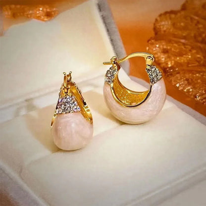 French Retro Drop Earrings – Glazed Semi-Circular Zircon Inlaid Luxury Earrings for Women, Perfect Party Jewelry