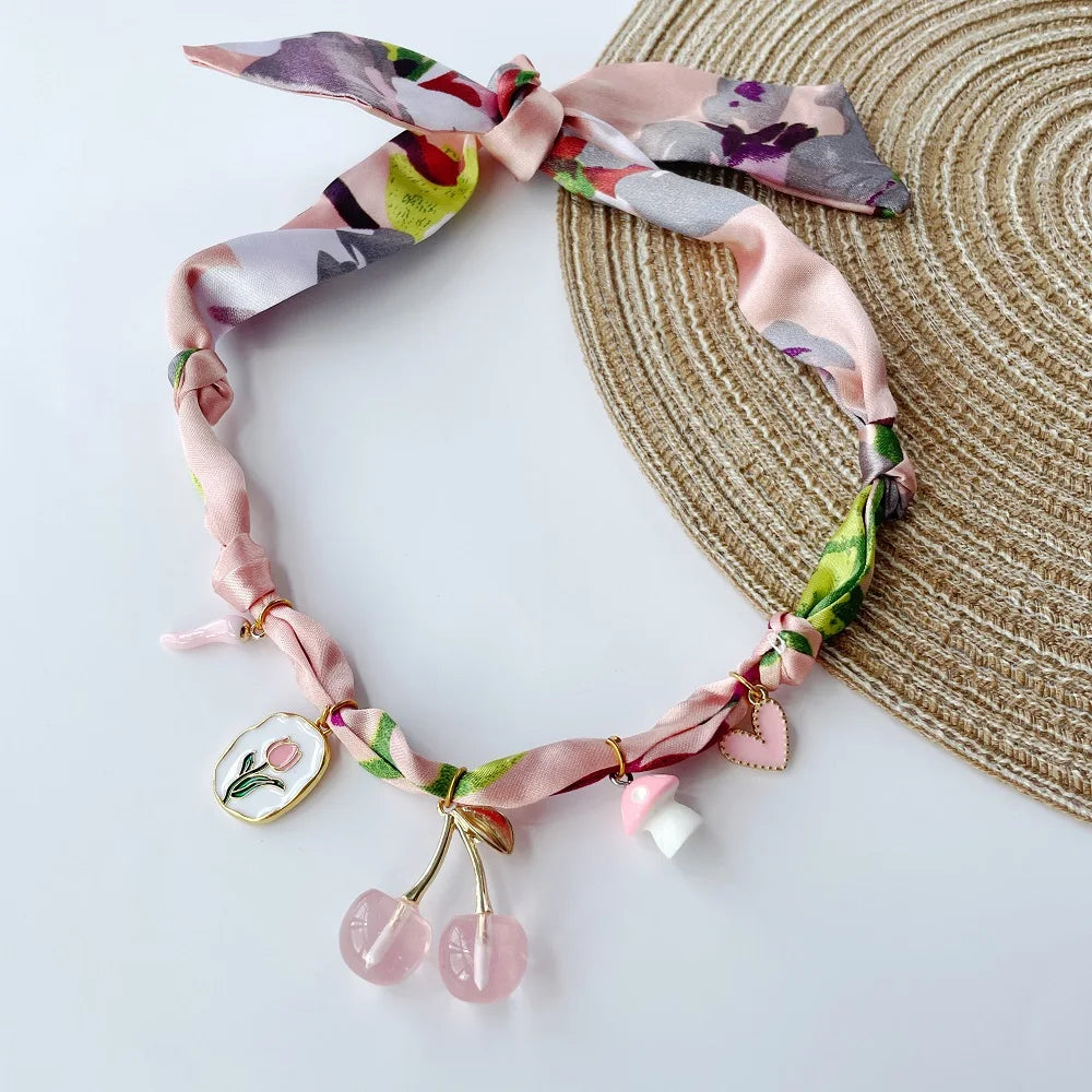 Bohemian Fabric Scarf Necklace - Sea Life, Heart & Floral Charm Pendant Vacation Jewelry Gift for Women