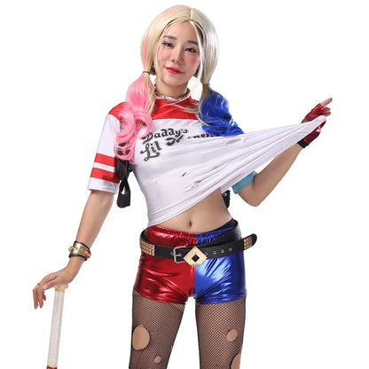 Adult Anime Robe Costume for Women with Quinn Wig, Joker T-Shirt and Jacket – Halloween Cosplay Outfit